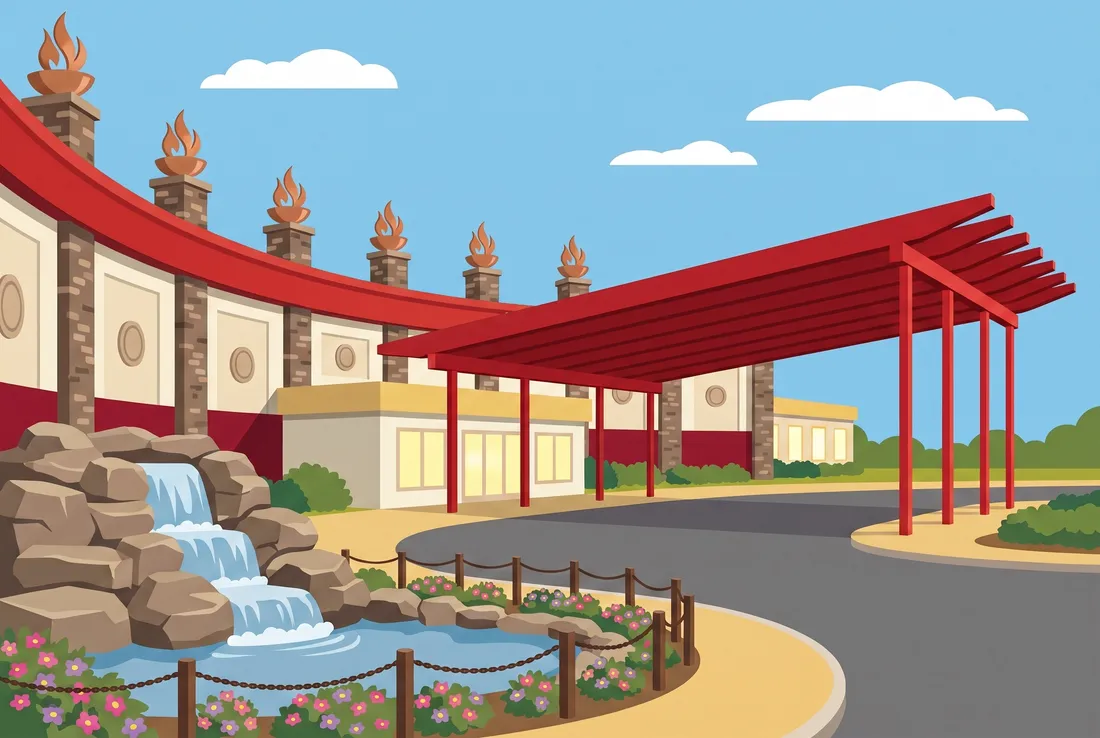 Red pergola entrance of Living Sky Casino