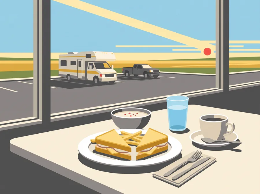 Sandwich, soup and coffee by a window