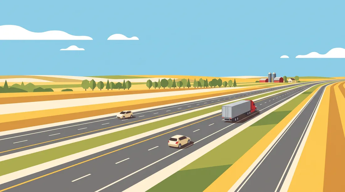Divided highway crossing golden prairie fields